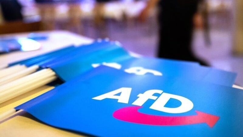 Fähnchen mit dem Logo der AfD liegen auf einem Tisch.