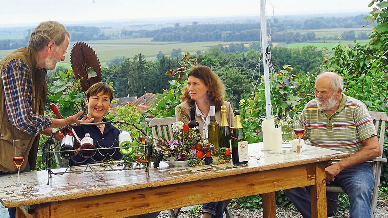 Unterhielten sich vor traumhafter Kulisse über Weinbau: Mike Füchsle, Doris Luttner, Landrätin Tanja Schweiger und Franz Luttner (von links).