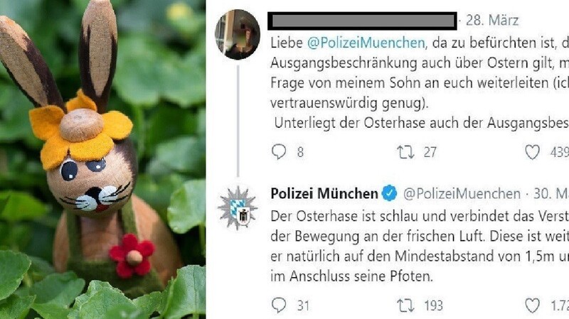 Eine drängende Frage erreichte die Münchner Polizei: Kann der Osterhase in Zeiten der Ausgangsbeschränkungen überhaupt Eier verstecken?