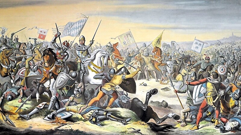 Eine idealisierte Darstellung der Schlacht, gemalt von R. Scheibenzuber. Es handelt sich um die Kopie eines Bildes aus dem 19. Jahrhundert.