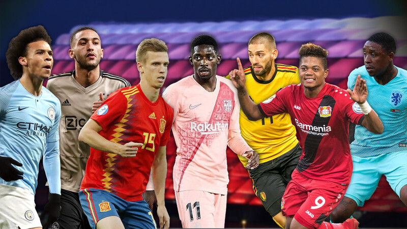 Werden mit dem FC Bayern in Verbindung gebracht: Leroy Sané, Hakim Ziyech, Dani Olmo, Ousmane Dembélé, Yannick Carrasco, Leon Bailey und Steven Bergwijn (v.l.).