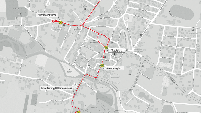 Die rote Linie markiert den Streckenverlauf der autonomen Elektrobusse durch die Abensberger Innenstadt. Zwei weitere Teststrecken befinden sich in Kelheim und Weltenburg.