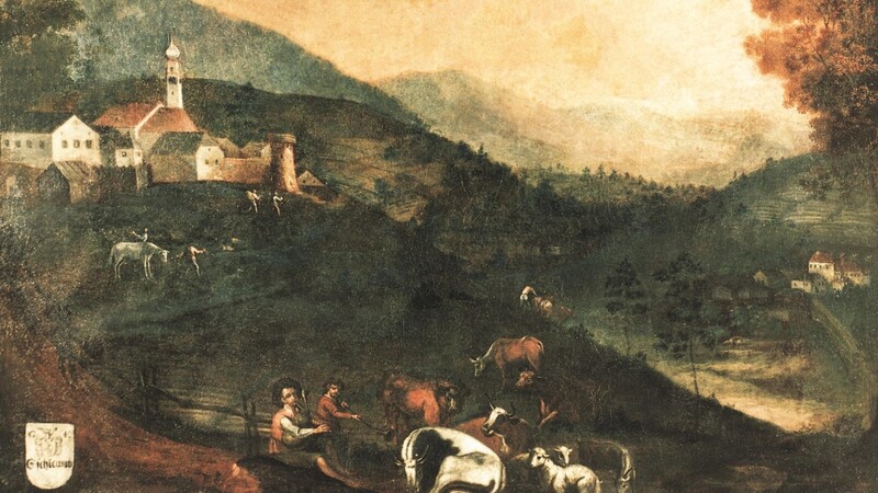 Das Gemälde um das Jahr 1745 zeigt den Markt Eschlkam auf einem Hügel inmitten der bergigen Kultur- und Waldlandschaft.