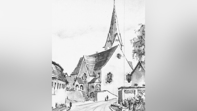 Die Pfarrkirche St. Martin: Aquarell von dem Straubinger Künstler Adolf Becher von 1979.