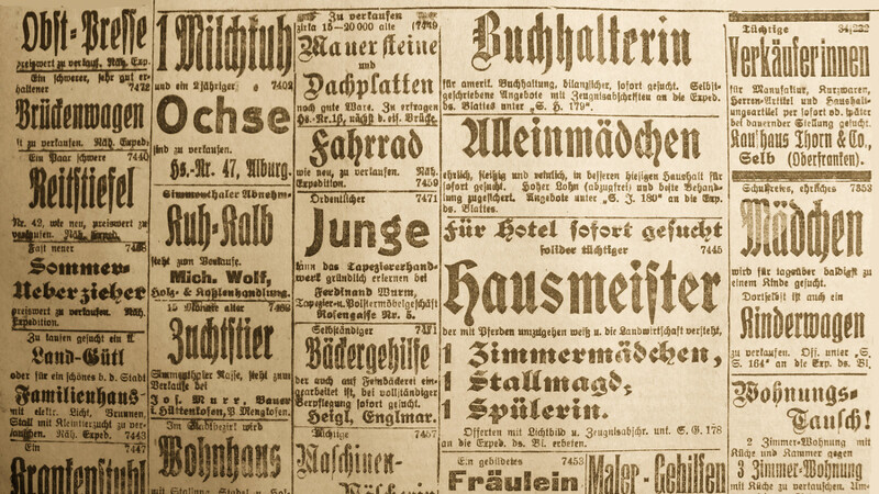 Blick in den Anzeigenteil der Zeitung vom 4. August 1922. Die Palette reicht von landwirtschaftlichen Angeboten über Immobilien bis zu Stellenausschreibungen.