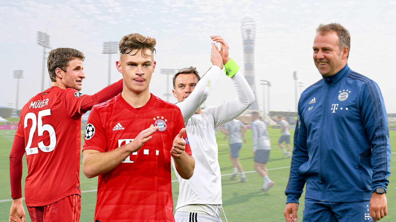 Applaus für den Heilsbringer: Die Bayern-Führungsspieler Thomas Müller, Joshua Kimmich und Manuel Neuer (v.l.) sprechen sich für einen Verbleib von Hansi Flick über den Sommer hinaus aus.