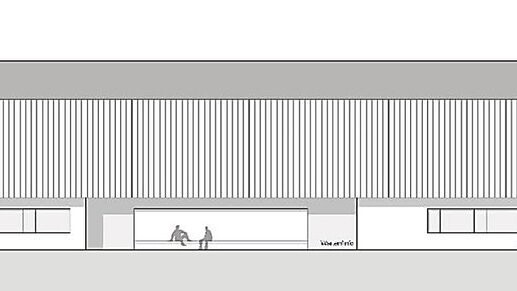So könnte die Vilstalhalle nach dem Umbau aussehen. Die Schnittzeichnung zeigt den neuen Baukörper (rot) mit Gymnastikraum, die Lüftung (blau) und zur besseren Orientierung die Kegelbahn.  Zeichnungen: Arc Architekten
