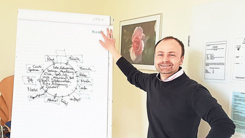 Dominik Dürrbeck mit der Skizze eines Lebenstank-Modells, einem Werkzeug in der Suchtberatung und -prävention.