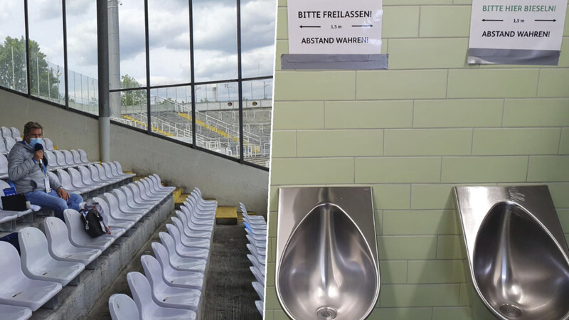 Stadionsprecher Stefan Schneider allein auf weiter Flur - und die Corona-Pissoirs: Impressionen aus dem Geister-Grünwalder Stadion.