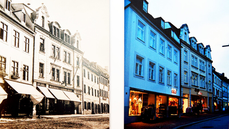 Das Geschäftshaus der jüdischen Familie Holzer (M.) vor 1933 und das Geschäftshaus heute. Ehrbare Bürger wurden über Nacht zu Verfolgten.
