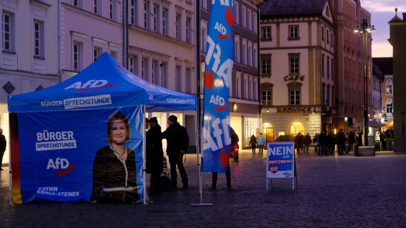 Auf dem Straubinger Stadtplatz fand nicht nur eine nicht angemeldete Veranstaltung statt. Auch die Parteien Die Linke und die AfD (im Bild) hatten einen angemeldeten Infostand aufgestellt.