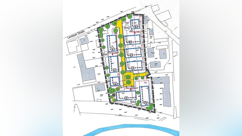Im Norden die Landauer Straße, im Süden der Mühlbach: Auf dem knapp 12 000 Quadratmeter großen Stanglmeier-Grundstück könnten nach dem aktuellen Entwurf des Bebauungsplanes bis zu 114 Wohneinheiten entstehen.
