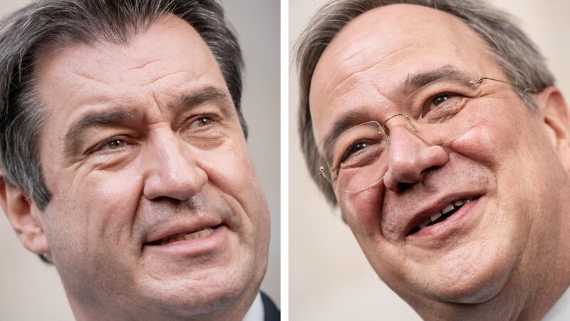 CSU-Chef Markus Söder (l.) und CDU-Chef Armin Laschet treffen im Reichstagsgebäude in Berlin direkt aufeinander. Vor den Abgeordneten der CDU/CSU-Fraktion kreuzen sie die Klingen.