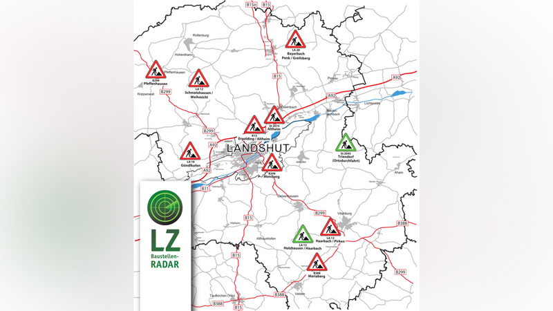 Die Karte zeigt die Baustellen an Bundes-, Staats- und Kreisstraßen im Landkreis. Die grün markierten Baustellen werden spätestens am Montag wieder freigegeben.  Quelle: Landkreis/Grafik: LZ