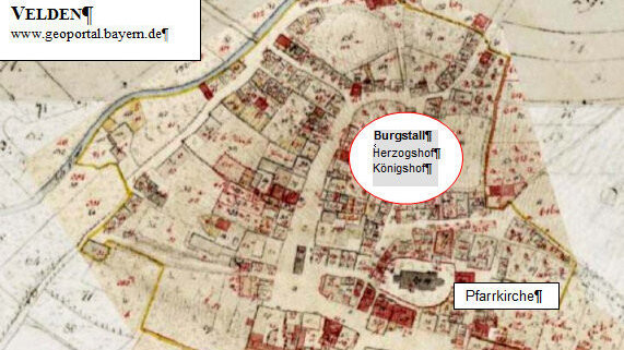 Die mögliche Lage von Burgstall, Herzogshof und Könighof in der Nachbarschaft der Veldener Pfarrkirche.