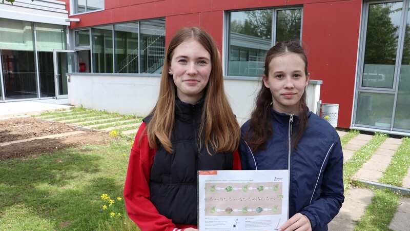 Laura und Ksenia mit einem der Pflanzpläne. Die Mädchen haben sich für das Fenchel-Endivien-Beet entschieden.