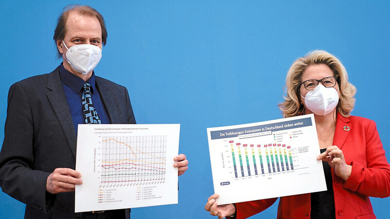 UBA-Präsident Dirk Messner und Umweltministerin Svenja Schulze präsentieren die neuen Zahlen.
