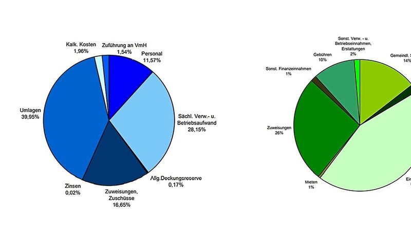 Der Verwaltungshaushalt der Gemeinde Bach wird sich auf 3 Millionen Euro belaufen. Bei den Ausgaben (blau) schlagen die Umlagen wie Kreisumlage und VG-Umlage zu Buche. Bei den Einnahmen (grün) steuert der Anteil an der Einkommensteuer den größten Teil bei.