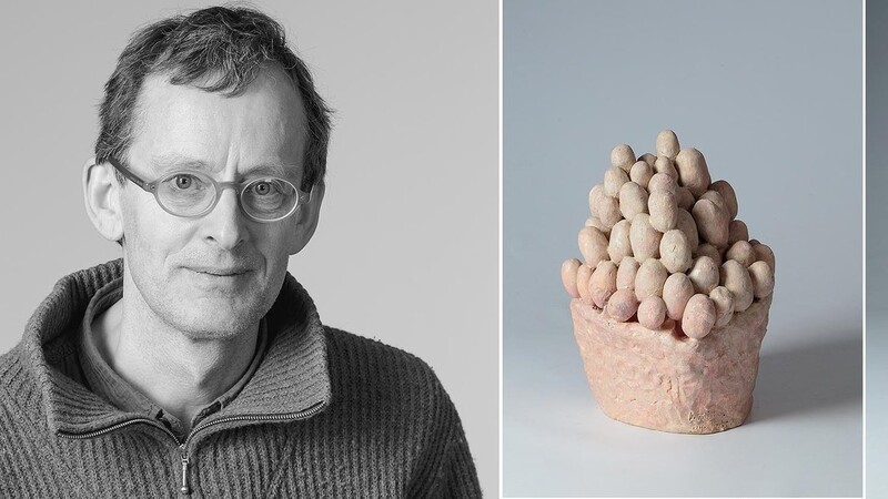 Der Keramiker Hans Fischer und seine Werke "Korb" (2014) und Torso (2013)