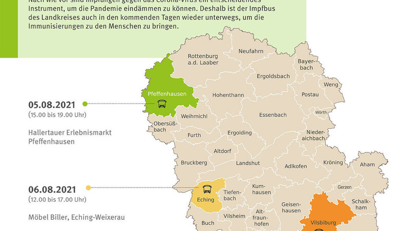 Die geplante Route des Impfbusses zu Wochenmärkten im Landkreis Landshut.