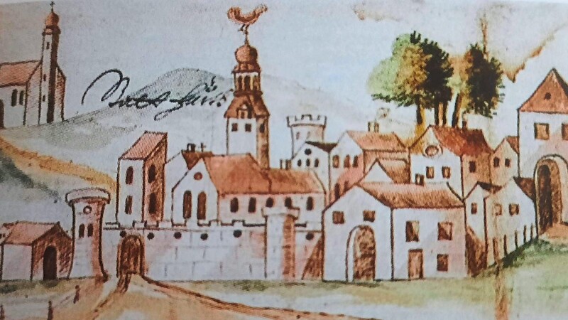 Eine Illustration der Burg in Furth im Wald von 1683. Der Burgturm war mit einem barocken Zwiebelturm und einem Wetterhahn geschmückt.