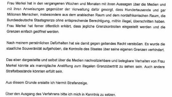 Der Wortlaut der Strafanzeige von Max Pügerl gegen die Bundeskanzlerin, eingereicht bei der Kriminalpolizei Straubing.