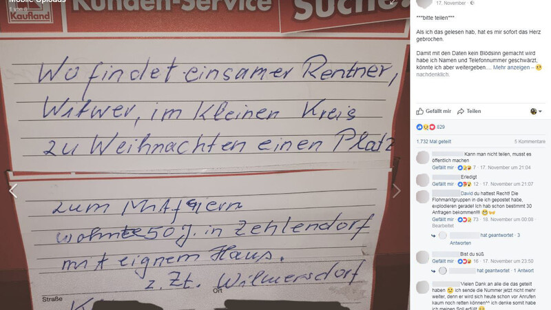 Mit dieser bewegenden Notiz suchte ein Rentner in Berlin nach Gesellschaft an Heiligabend. Sein Wunsch wird ihm nun höchstwahrscheinlich erfüllt.