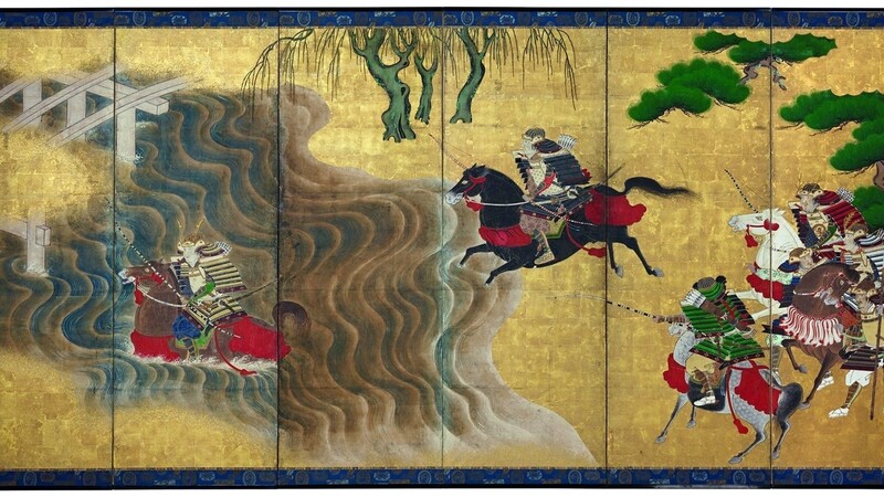 Ein Wandschirm mit kämpfenden Samurai aus der mittleren Edo-Zeit im frühen 18. Jahrhundert