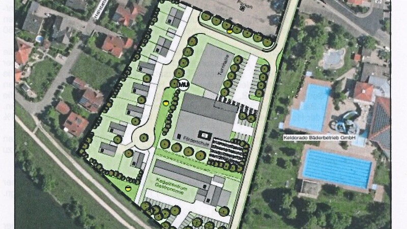 Eine erste Grobplanung des Areals für das künftige Sonderpädagogische Förderzentrum in Kelheim gibt es bereits; rechts zu sehen sind die Freibecken des Keldorado gleich in der Nachbarschaft.