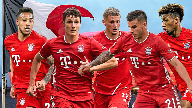 Allez les Rouges! Die Franzosen im Team des FC Bayern (v.l.): Corentin Tolisso, Benjamin Pavard, Michael Cuisance, Lucas Hernández und Kingsley Coman.