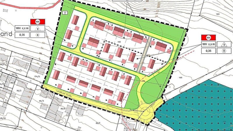 Auf diesen Entwurf des Bebauungsplans "Sollerfeld" hat sich der Gemeinderat nun verständigt. Gut zu sehen ist der Kreisverkehr an der Zufahrt zum neuen Baugebiet mit 28 Parzellen in Volkenschwand.