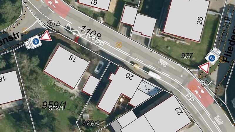 So sehen die Pläne für die neue Fahrradstraße aus: In der Stockergasse werden durchgezogene Linien den Gehweg und den Platz für die Längsparker klar anzeigen. Die Kreuzungsbereiche werden durchgehend rot markiert.