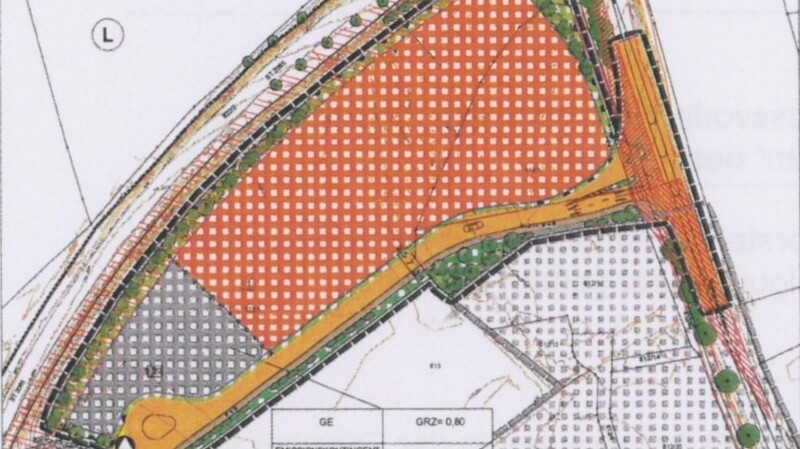Das Sondergebiet Amperauen: rot die geplanten Verkaufsflächen, grau die Gewerbeflächen, gelb die Straße.