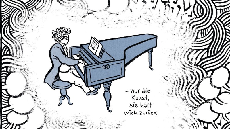 Beethoven hat ständig mit sich gehadert, Komponiertes immer wieder verworfen. Das Taubwerden lässt ihn dann völlig verzweifeln. Moritz Stetter überträgt das in seiner Graphic Novel "Mythos Beethoven" (Knesebeck-Verlag, 96 Seiten, 25 Euro) in adäquate Zeichnungen.