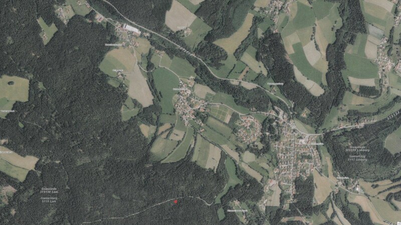 Der Bau des Mobilfunkmastens in Schwarzenbach ist in Reichweite. Eine Luftaufnahme zeigt den Standort (roter Punkt) und die Entfernung zu den Siedlungen Schwarzenbach, Lohberghütte, Eggersberg und Lohberg.