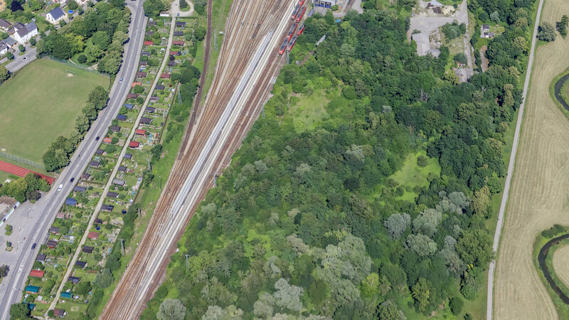 Über das Bahnhofswald-Grundstück, das Bauland werden soll, verläuft ein Biotop (auf dem Bild ist das betreffende Areal als grüne Fläche am rechten unteren Waldrand erkennbar, rechts davon die Flutmulde).