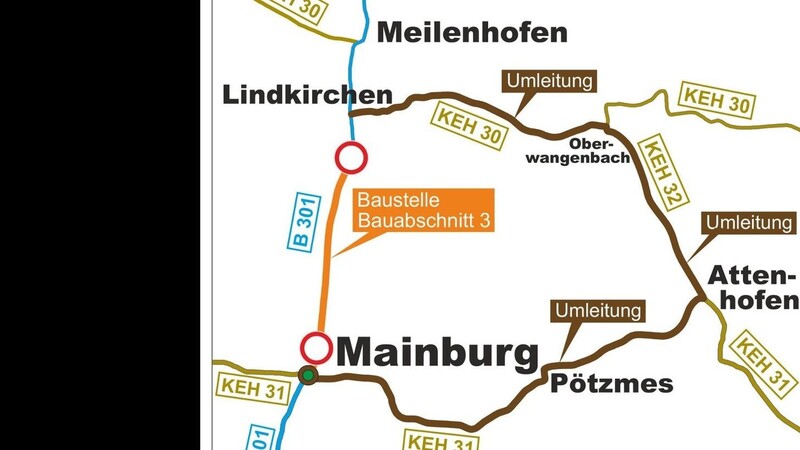Während die B301 zwischen Mainburg und Lindkirchen saniert wird, wird der Verkehr auf die Kreisstraßen umgeleitet.