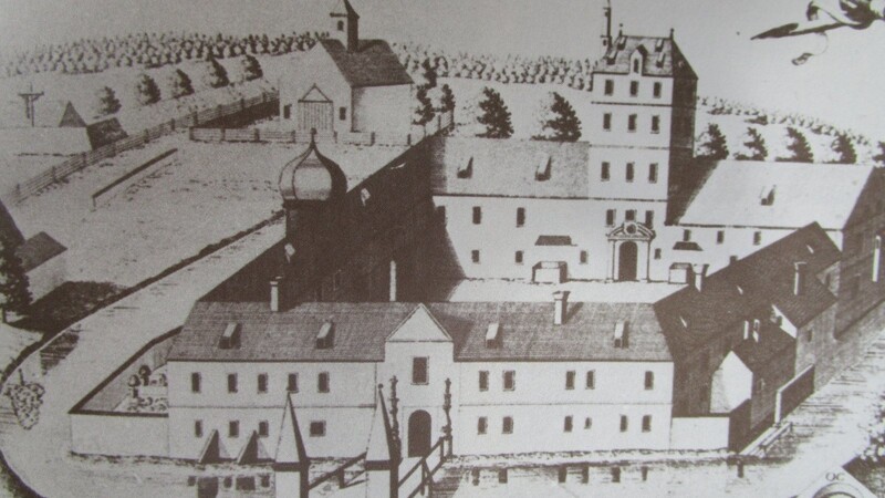 Das ehemalige Wasserschloss von Pfettrach im Kupferstich von Michael Wening - es wurde 1809 von den österreichischen zerschossen und nicht wieder aufgebaut.