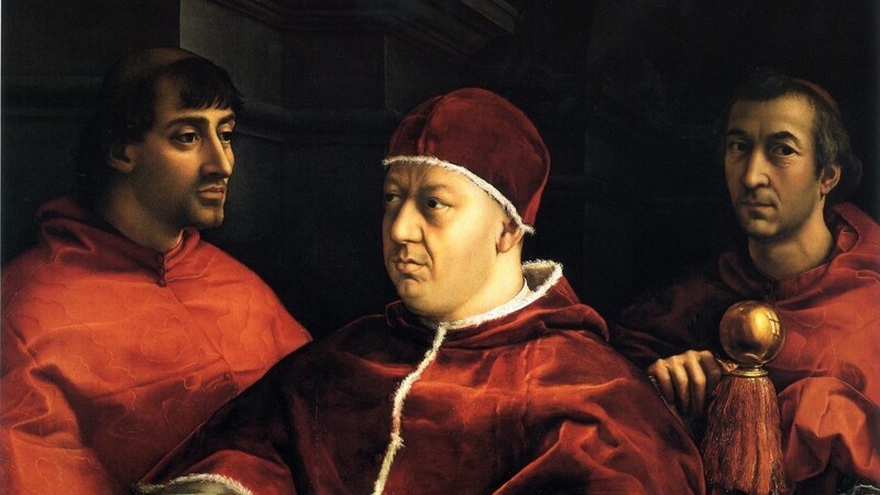 Raffael malte Papst Leo X. mit den Kardinälen Giulio de Medici, dem späteren Clemens VII., und Luigi de Rossi, um 1518 - 19