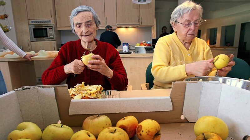 Zwei Seniorinnen schälen Äpfel in der Tagespflege einer Wohnanlage. Auch bei der Bürgermeisterversammlung am Mittwoch war das Thema Pflege und alternative Ansätze zum Wohnen im Alter Thema.