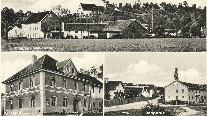 Dorfwirtshaus Wellenhofer am Fuße vom Schlossberg mit Kirche (oben links). Unten links: Aufbau des Wirtshauses nach der Brandkatastrophe im Jahre 1914.