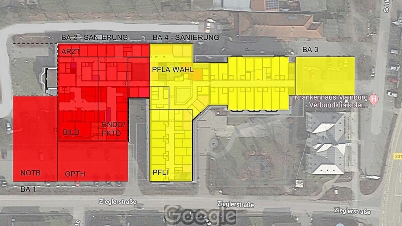 Klar strukturiert - wie hier auf Hauptebene 2 - in den Funktionsbereich (rot) mit unter anderem der Notaufnahme und den beiden OP-Sälen (links unten) sowie den Pflegestationen (gelb) wird sich das Mainburger Krankenhaus nach der Generalsanierung und Erweiterung präsentieren.