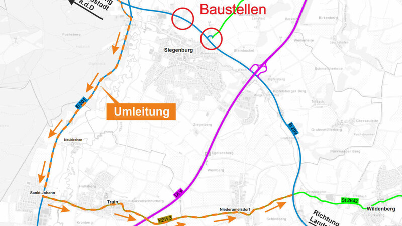 Ab 4. August stehen bei Siegenburg zwei Sanierungsmaßnahmen an. Diese Karte zeigt, wie der Verkehr umgeleitet werden soll.