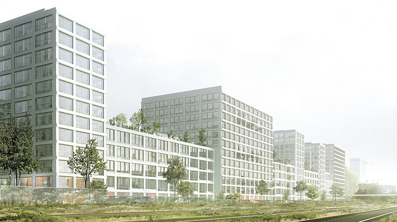 Der neue langgestreckte und abwechslungsreiche Büroriegel Qhtrack in Berlin erhält eine Fassade aus Wiesing.