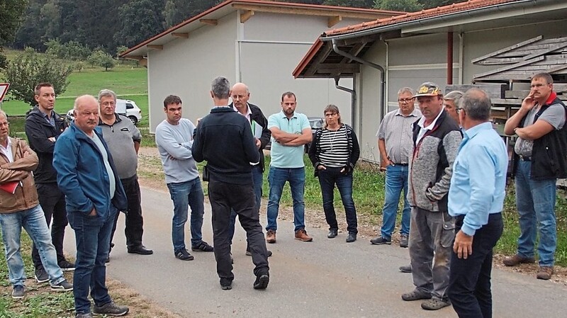 Bürgermeister Alois Hamperl, VG-Mitarbeiter Paul Prasch und die Gemeinderäte begutachten die Wasserführung in Thallern.