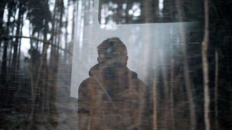 Ein junger Mann blickt aus dem Fenster eines Regionalexpress, der an einem Wald vorbei fährt.