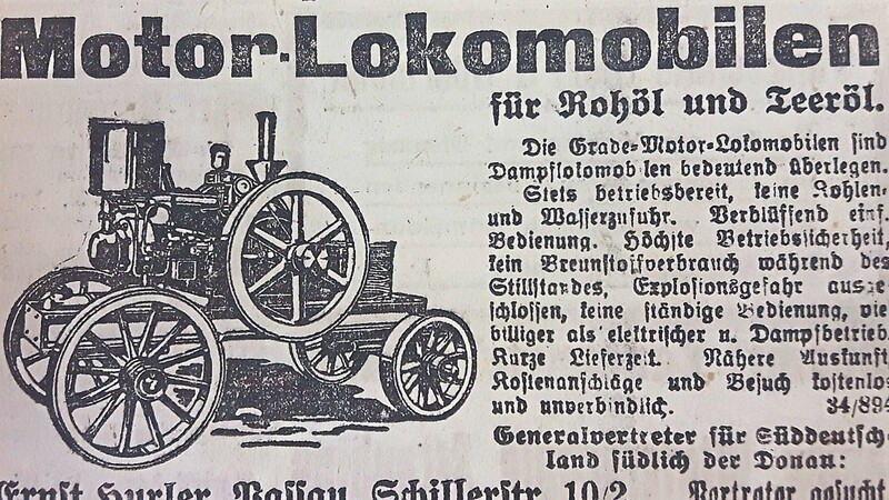 Der Kohlenmangel war 1919 ein großes Problem. Diese Passauer Firma wirbt dafür, dass ihre Lokomobile mit Öl betrieben werden. Mit Lokomobilen konnten zum Beispiel Dreschmaschinen angetrieben werden.