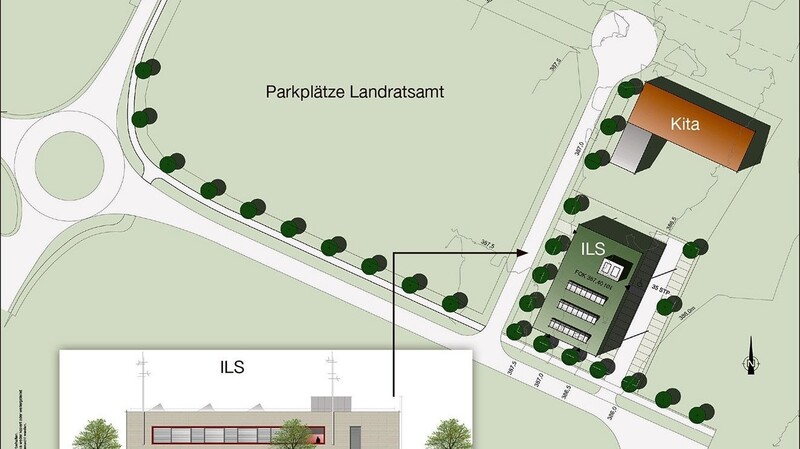 Auf dem Lageplan ist zu sehen, wo die ILS im Sondergebiet Savigneux-Platz geplant ist. Nördlich davon ist noch eine Kindertagesstätte, sowie das Landratsamt geplant
