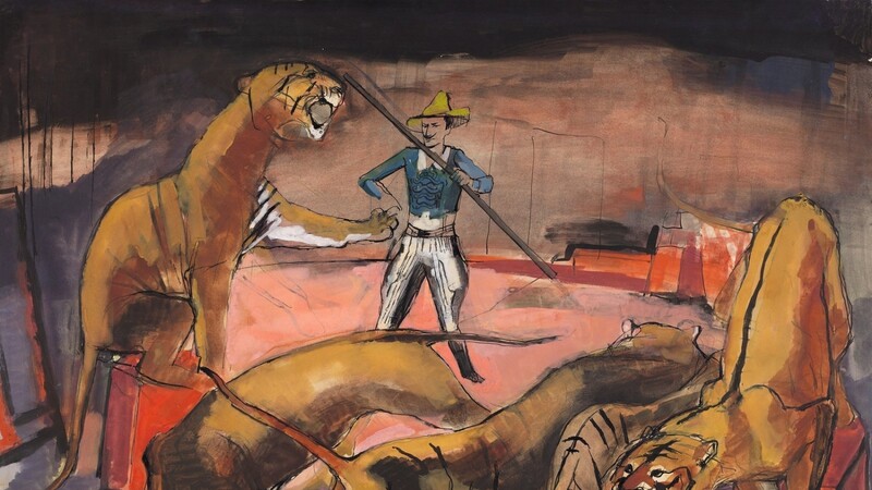 In der kolorierten Federzeichnung "Im Zirkus" von 1929, die dem Münchner Lenbachhaus gehört, wird Joseph Maders Können deutlich: Man spürt die gespannte Energie zwischen Mensch und Tier.