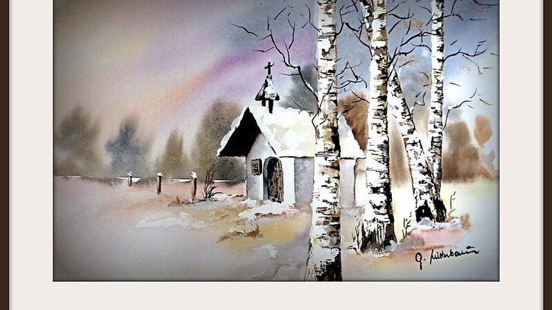 "Verschneite Kapelle" ist der Titel des Aquarells, das Regenbogen-Künstler Gerhard Mitterbauer für die Adventsandacht zur Verfügung stellte.
